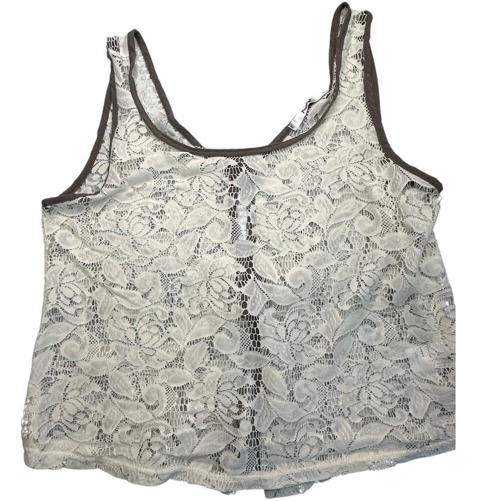 Papaya Floral Lace Tank Top Brown Trim Button Back S